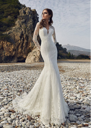 Long Sheer Sleeve Ivory Lace Keyhole Back Wedding Dress